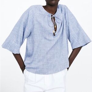 Zara 3/4 Sleeves Blue Blouse With Tassle/Strings Tie Size M